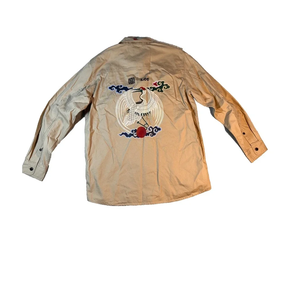Rare Lee Tan Button‎ Up Shirt Mens Size XL Chinese Forbidden City Crane Bird Tan